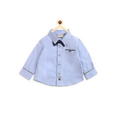 Long Sleeve Cotton  Shirt - Blue , With Bow